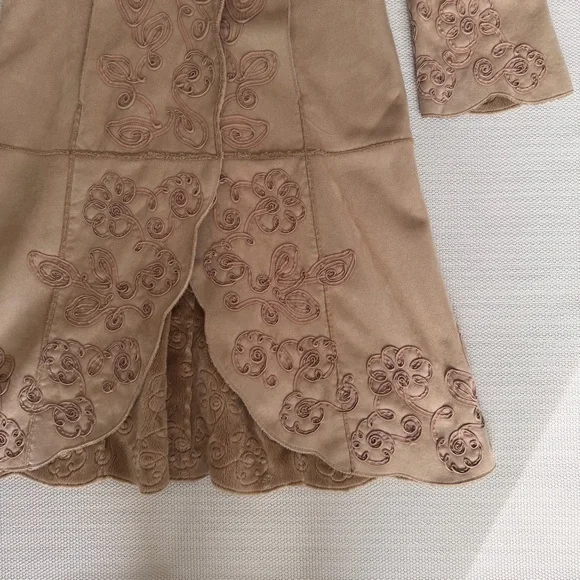 Brown Embroidered Boho Soft Faux Suede Penny Lane Trench Coat - Picture 3 of 4
